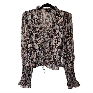 Black and Tan Ruffled Tie Front Blouse